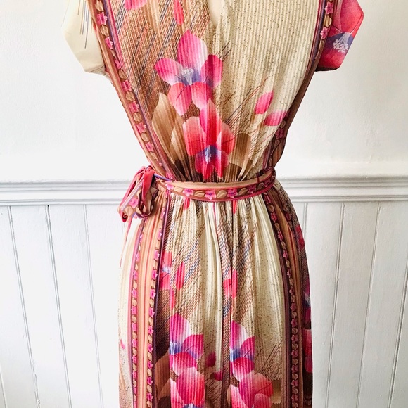 70s Vintage VTG Border Print HIBISCUS FLORAL Dress SM - Picture 2 of 5